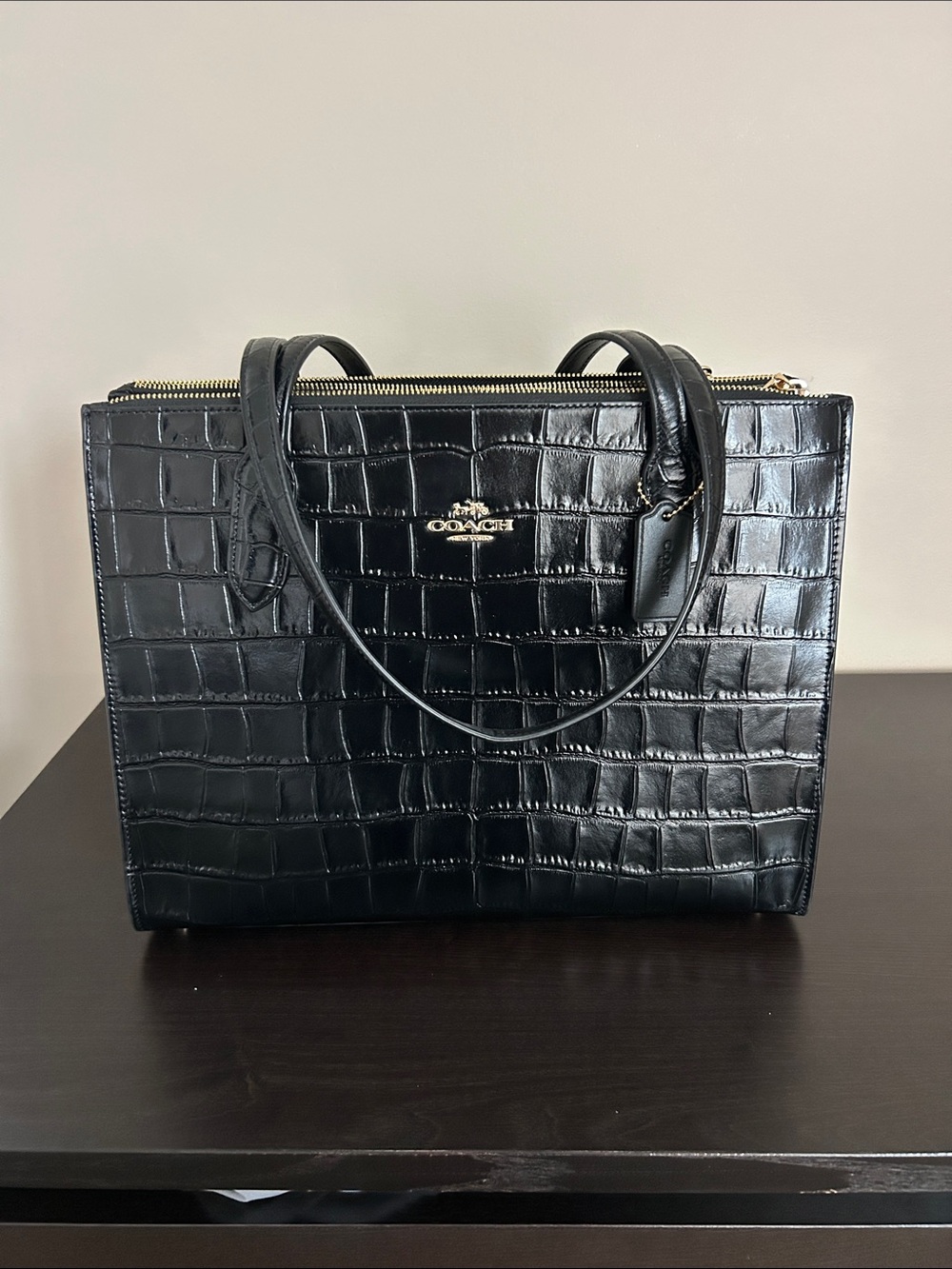 Coach Black Croc-Embossed Tote with Gold Hardware